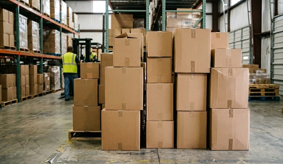 Stack of corrugated boxes on pallet with warehouse worker operating forklift