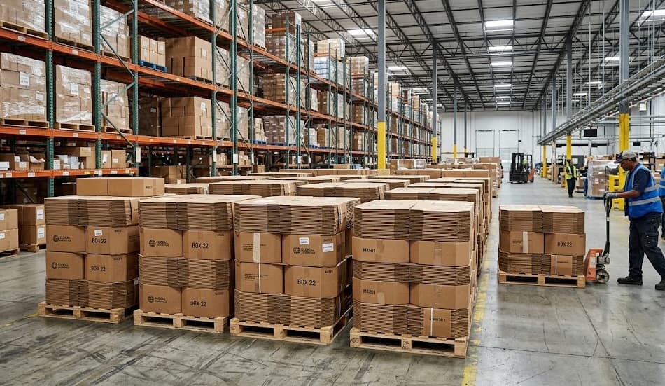 Large warehouse with organized rows of palletized boxes at Boise Boxes facility
