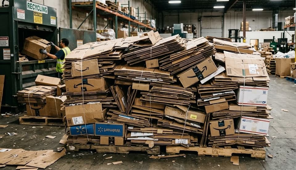 Pile of flattened recycled cardboard at recycling station