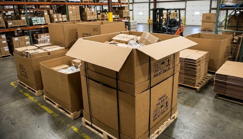 Open gaylord boxes in warehouse setting ready for inspection