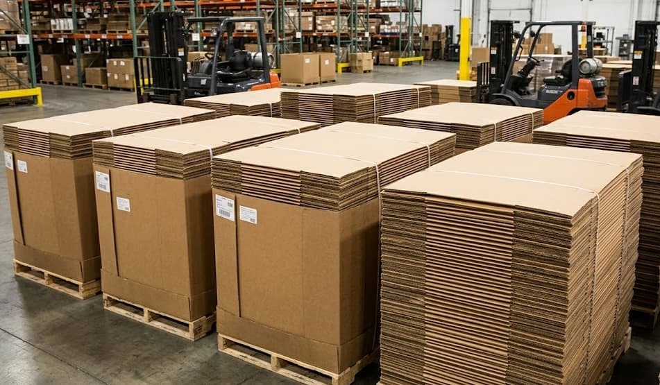 Flat stacks of corrugated sheets neatly arranged on pallets